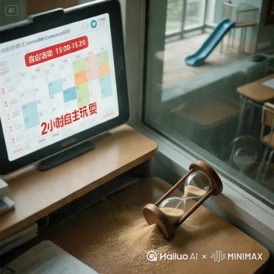 ### 分镜头3：被压缩的时光  
**提示词**：  
> 特写电子课程表 / "自由活动15:00-15:20"红框标注 / 下方世界卫生组织报告虚焦："≥2小时自主玩耍" / 桌角歪倒的沙漏细沙堆积 / 玻璃倒映窗外滑梯无人光影  [左移,右摇,跟随] by Hailuo AI Video Generator
