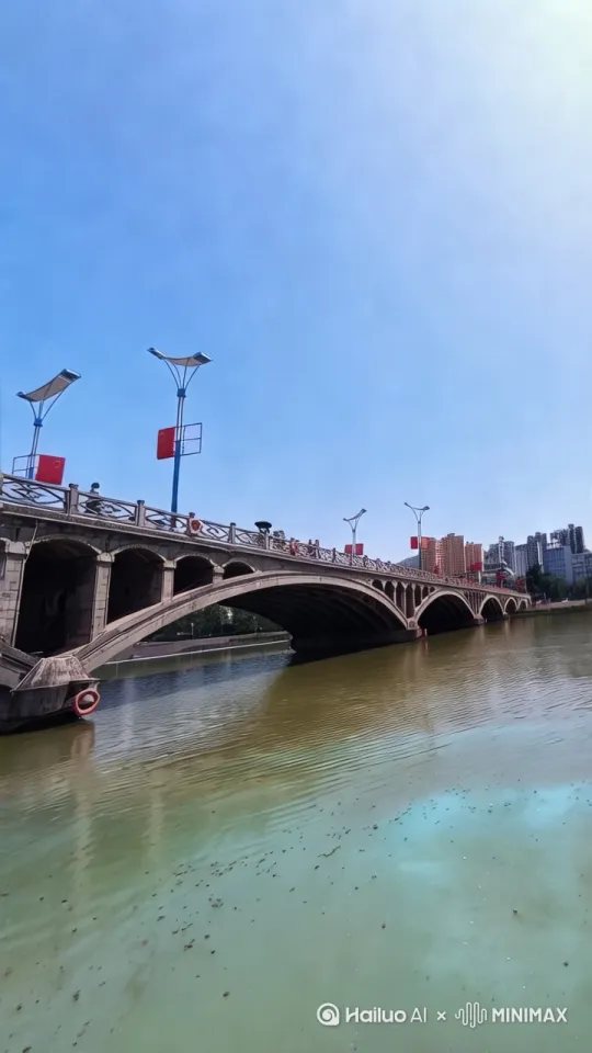 一个巨大的海怪从水里钻了出来，激起很大的水花，海怪一只手放在桥上，桥面上的人群车辆慌忙逃窜。 by Hailuo AI Video Generator