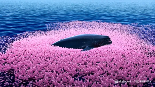 一只鲸鱼游在一片粉色的樱花海里，头顶是满天繁星 by Hailuo AI Video Generator