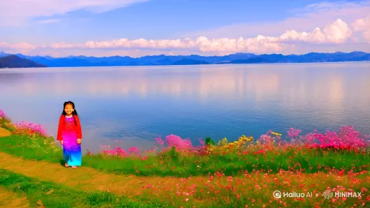 画一副西湖美景，蓝天白云，一位小女孩穿着亮丽的衣服，微笑着走来，背景是春天，有鲜花，小草。 by Hailuo AI Video Generator