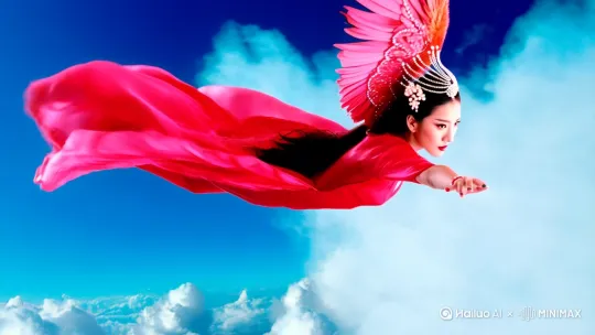 身姿曼妙的古装美女，身着一袭绯红色的锦缎长裙，裙摆随风翻卷，恰似流霞飞舞。她头戴精致凤冠，步摇上的明珠在阳光下闪烁生辉。此刻，她于广袤无垠的蓝天白云之间，呈俯冲姿态急速而下。她身姿轻盈矫健，恰似飞燕掠空，眼神专注锐利，直视下方。那湛蓝如宝石的天空与洁白似棉絮的云朵迅速从她身旁掠过，仿佛在为她的英姿让路，整个画面充满了灵动与震撼之感，32K 高清画质。 by Hailuo AI Video Generator