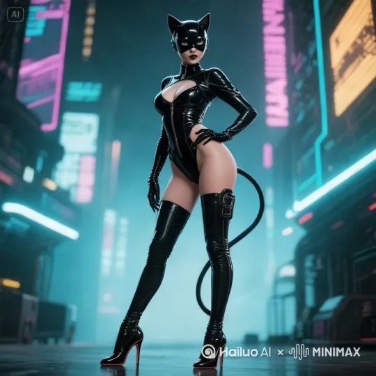 生成以上图片为主生性感黑皮猫女带赛博朋克的街道上性感热舞要求逼真生动高清 by Hailuo AI Video Generator