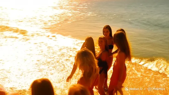 炎热的夏天，海边上一群美丽的女人，给人带来了，一丝心理上的清凉，电影质感[左移,右摇,跟随][推进,上升]电影质感[右摇,变焦推进] by Hailuo AI Video Generator