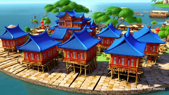 等轴3D动画，可爱且色彩鲜艳的微型模型风格，白天的3D等轴重庆山城景观。在一个圆角矩形底座上，青瓦屋顶的吊脚楼依次建在竹桩上，错落有致地分布在长江嘉陵江的江面之上。首先出现的是石板栈道和吊脚楼，接着是黄桷树和悬挂的红灯笼，最后是一个带有飞檐翘角的大型中央茶楼展开。当建筑物出现时，它们会略微弹动并发出令人愉悦的咔哒声。窗户反射出清澈蓝天的光芒。江中有小竹筏和游泳者出现。底座周围有火锅摊、麻将桌和奇石假山。底座外是一片波光粼粼的江水，游船和江豚在其中轻轻环绕。最后，"重庆"这两个字从右侧滑入，并停在模型旁边。 by Hailuo AI Video Generator