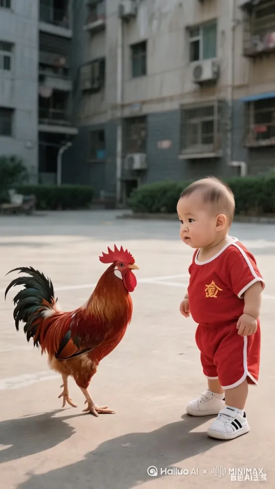 小孩与大公鸡突然打起来，拳打脚踢，打斗十分激烈，电影级的打斗场面，小孩武打动作很专业。 by Hailuo AI Video Generator