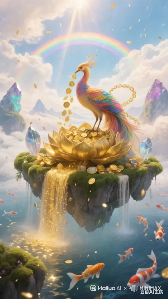 6秒动态动画，彩羽凤凰振翅抖羽，尖喙大张如泉喷泻金币，落金莲花台堆积后簌簌滑坠入水；锦鲤摆尾穿梭，金瀑流金颤涌，云朵舒卷游移，悬浮仙岛轻晃。镜头从远景缓推，追踪凤凰吐币、金币坠落轨迹，末段俯拍水面波光与锦鲤游弋，渲染祥瑞富韵 。 by Hailuo AI Video Generator