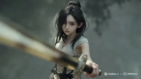 [推出,上升,下摇]
随着镜头拉远，女主前方出现一大堆拿着剑的黑衣敌人，女主一个人单挑一群人。 by Hailuo AI Video Generator