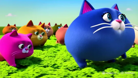 @蓝猫: 3D动画风格，画面主体是一只蓝色的胖猫，耳朵内侧为粉色，有着白色的胡须和粉色的鼻子，十个胖猫在地里种植作物，作物长大后变成田埂在哪里漫步。 by Hailuo AI Video Generator