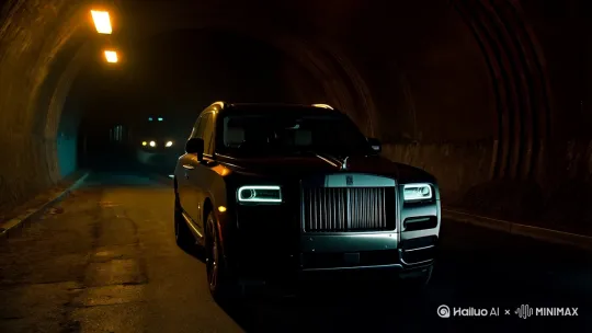 "A black Rolls-Royce Cullinan SUV parked at the mouth of a narrow tunnel. Suddenly, a high-speed train rushes past from the opposite direction, grazing dangerously close to the Cullinan. Sparks fly as the train scrapes the edge of the tunnel, creating a dramatic, cinematic moment. Despite the near-miss and flying sparks, the Rolls-Royce remains untouched and majestic. Moody lighting, intense cinematic style, slow-motion for dramatic effect, with sparks illuminating the dark surroundings." by Hailuo AI Video Generator