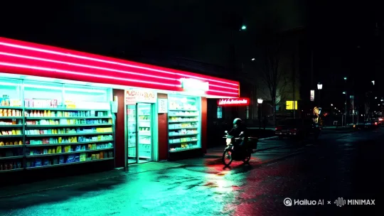 凌晨三点的便利店，货架间晃动的影子藏着什么秘密？外卖骑手头盔下的喘息，是疲惫还是求救信号？霓虹灯下的都市丛林，每个擦肩而过的陌生人，都带着不为人知的故事。点击视频，带你撕开城市夜幕下的隐秘角落。 by Hailuo AI Video Generator