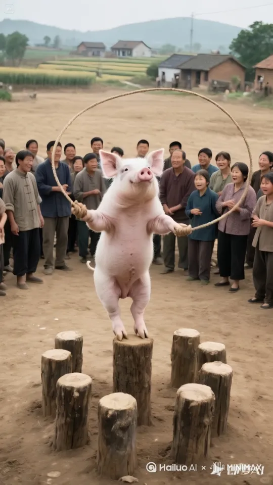 大肥猪动作熟练的跳绳的同时不停的在不同梅花桩上跳来跳去。动作流畅自然，表情傲娇。周围人纷纷拍手叫好，镜头跟随 by Hailuo AI Video Generator