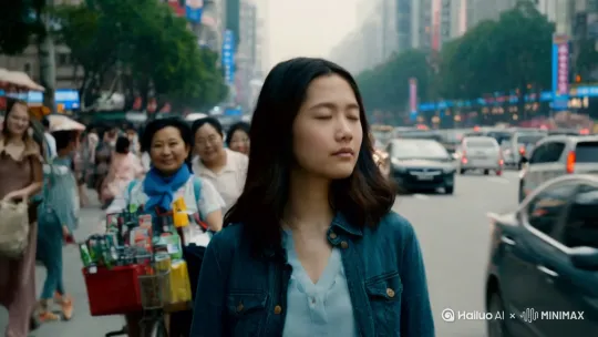 她走在长安街上漫无目的的行走着，周围的热闹和繁华的街道和她这种情绪显得格格不入，她的心情任由大脑思绪着，她想着他对她的好，想着他马上要离开了，她的心情如此不舍 by Hailuo AI Video Generator