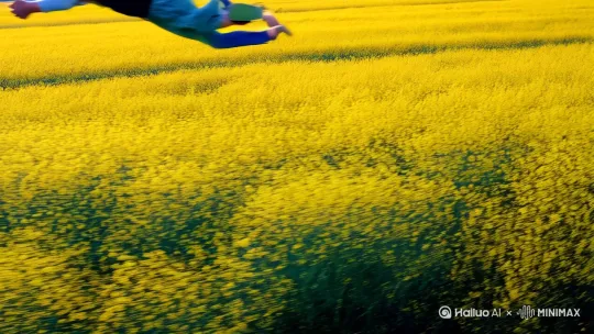 一段超速POV镜头:摄像机疾驰穿越田野油菜花之上,女人牵着小孩一起跳跃飞到空中,以超音速向左飞翔,她们手牵手身体前倾,发丝在疾风中向后飞扬,衣服随风摇摆。捕捉平滑飞行的感觉。相机从略高位置的俯视角度紧密跟踪从左后方向右后方移动,随着角色穿越场景。环境是动态的,快速变化,不断往后掠过的油菜花田 by Hailuo AI Video Generator