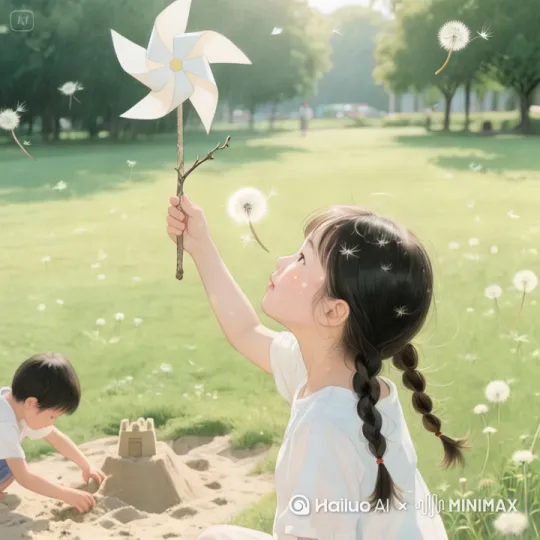 ### 分镜头4：自由的灵光  
**提示词**：  
> 仰视角逆光 / 公立园草地蒲公英飘散 / 扎羊角辫女孩高举树枝风车 / 风车投影在脸颊形成旋转光斑 / 工笔丝缕发丝沾汗贴额 / 远处孩子堆沙堡手指深陷湿沙 / 水彩洇染式光晕  [右移,跟随] by Hailuo AI Video Generator