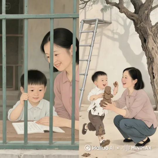 # 分镜头5：觉醒的衡量  
**提示词**：  
> 双画面对比蒙太奇 / 左侧母亲透过栅栏看孩子静坐识字 / 右侧同母亲蹲身接住奔来举着泥塑的孩子 / 工笔勾勒母亲眼尾笑纹与沾泥指甲 / 背景左侧不锈钢攀爬架 / 右侧老槐树虬枝投影[推进,上升] by Hailuo AI Video Generator