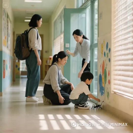 # 分镜头6：理性的抉择  
**提示词**：  
> 斜45度跟拍 / 母亲背包行走在幼儿园走廊 / 指尖掠过墙面儿童涂鸦 / 停步注视玻璃门内：教师跪地陪孩子观察蚂蚁 / 工笔描摹教师挽起袖口褶皱与孩子翘起鞋带 / 晨光穿透百叶窗在地面形成明暗琴键[左移,上升] by Hailuo AI Video Generator