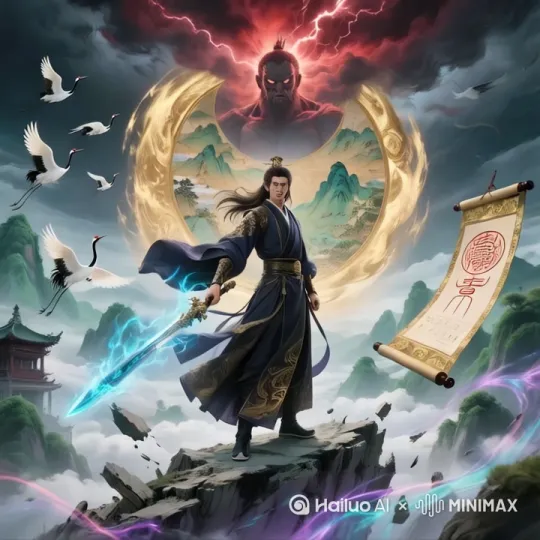 天神从远处天空降临[晃动]，风云变色，轰雷滚滚，身着华丽服饰的男子手持蓝色长剑立于悬崖[拉远,上升,下摇]，中景镜头展示他从容赴死的微笑，面部特写凸显坚毅神情，脚步特写捕捉猛然转身动作，挥剑斩出金色光刃撕裂天际[拉远,上升,下摇]，雷鸣轰响间镜头逐渐拉远，古建筑群在震荡中透出微光，鹤群惊惶掠过震颤的山谷，同时也伴随着天神的震怒 by Hailuo AI Video Generator