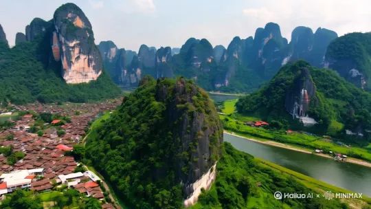 无人机航拍桂林山水美景，高清4k。[右移,左摇,跟随] by Hailuo AI Video Generator