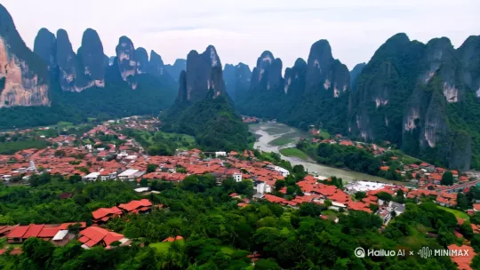 无人机航拍桂林山水美景，高清4k。[右移,左摇,跟随] by Hailuo AI Video Generator