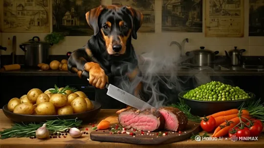 一只猪拿着刀正在切肉，动作要自然，特别是手里的刀，刀要切到肉里，肉也要很自然的裂开，它正准备做一顿丰富的晚餐。菜板上有鸡，有鸭，有黄瓜，还有白菜，莲藕旁边还冒着热气。 by Hailuo AI Video Generator