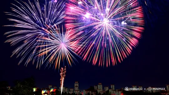 绚烂的烟花划过夜空，视野开阔，
现实与梦幻结合，风俗画，中国朋克，
电影照明，体积照明，平面设计，
原创艺术，新海诚风格 by Hailuo AI Video Generator