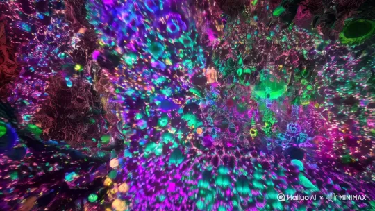 "Surreal glitch-core dreamscape, psychedelic fractal dimensions, [hyper-detailed:1.3], [unstable reality:1.2], morphing neon geometries, biomechanical hallucinations, infinite zoom through kaleidoscopic dimensions, [Dali-esque melting:0.8], vaporwave color bleed, [AI-generated chaos:1.5], quantum fluctuation textures, [randomly mutating:1.4], cyber-delic nightmare fuel, impossible physics, [deep dream:1.1], databent hallucinations, trippy visual glitches, [Zdzisław Beksiński meets cyberpunk:0.9], hallucinogenic pattern overload, 4D perspective shifts"
核心参数建议：
风格混合：故障艺术(Glitch Art) + 超现实主义 + 赛博朋克
 动态效果：持续形变/无限缩放/粒子解构
色彩方案：霓虹渐变(neon gradient) + 荧光色溢出
关键修饰：随机性(35%) + 不稳定性(25%) + 有机机械混合 by Hailuo AI Video Generator