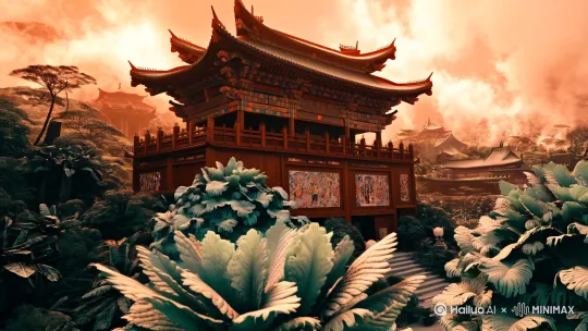 中国传统建筑在植物和神秘丛林的雕塑前,
云朵环绕,橙白色调,东方绘画风格,写意
绘画风格,器物,木雕刺绣,纹理清晰详细,
3D 细节,伟大的视觉呈现,电影照明,体
积光,聚焦中国建筑学,植物前景,HD,nreal
引擎,超高分辨率,后期处理,后期制作,
色调映射,超极简主义,超现实主义配色方
案,超长景深,广角拍摄 by Hailuo AI Video Generator