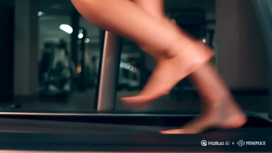 在昏暗的建在昏暗的健身房下，一个中国健身的美女，穿着健身短裤，光着脚丫子在健身房的跑步机上练跑步，光脚丫子，脚丫子细腻但不失肌肉感 by Hailuo AI Video Generator