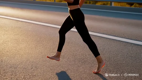 一个亚洲长发美人，光着脚丫子在公路上奔跑，一身运动装，短裤，头发飘逸身材苗条，光脚丫子在公路上热烈的跑步 by Hailuo AI Video Generator