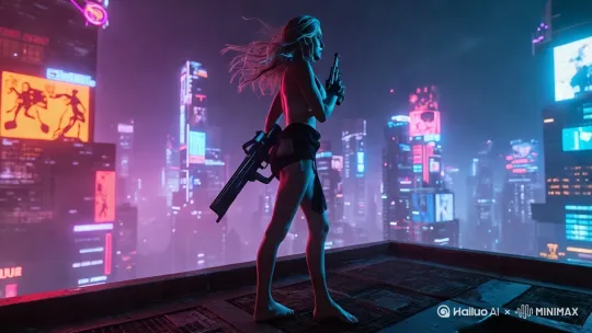 让图中的美女动起来，美女将手枪里的激光炮打出去，脚丫子显出肌肉 by Hailuo AI Video Generator