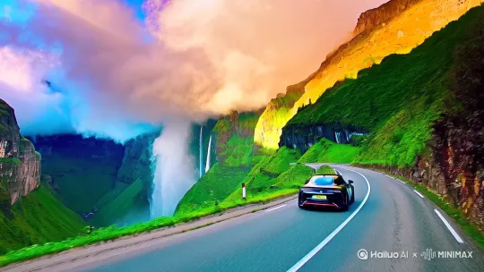 七彩祥云下高山峡谷瀑布汽车奔跑 by Hailuo AI Video Generator