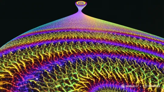 Make me a beautiful particle based, animated, endless, 3D, symmetrical, fractal art piece inspired by a math formula. by Hailuo AI Video Generator