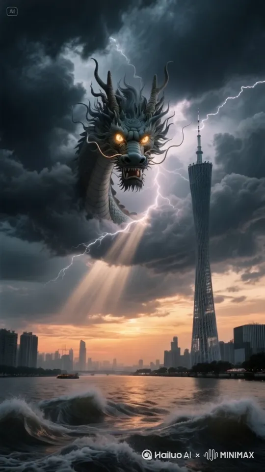 超宽镜头, 电影质感动态场景：狂暴的台风肆虐现代都市。画面中央，一条威严巨大的金色神龙破开浓密翻滚的乌云，龙身在乌云与闪电中若隐若现地盘旋穿梭。神龙双目炯炯如燃烧的金色火炬，龙须在狂风中激烈飞扬，龙口大张发出无声的咆哮。背景清晰可见广州塔及其周边密集的摩天大楼群在台风中顽强矗立。天空被厚重如墨的乌云彻底笼罩，银蛇状的剧烈闪电持续撕裂黑暗，伴随震耳欲聋的雷鸣。下方浑浊的江水剧烈翻腾，掀起滔天巨浪拍打堤岸，水面泡沫飞溅。倾盆暴雨以45度角猛烈冲刷城市，树木剧烈摇晃。整体色彩：深沉压抑的乌云、刺眼的金白闪电、神龙的金鳞与霞光、城市冷色调的玻璃幕墙、汹涌的灰黄江水形成强烈对比。镜头以神龙为中心缓慢环绕推进，强调其巨大压迫感与台风毁天灭地的震撼力量，风雨雷电动态逼真--ar 16:9 --style cinematic --weather hurricane, thunderstorm, lightning intensity 0.8 by Hailuo AI Video Generator