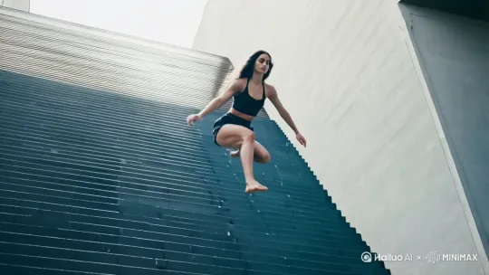 一个长发美女，从高高的台阶上蹦到地上，光着脚丫子，短裤，身体充满肌肉，从高处的台阶跳到硬地面上，帅气的模样 by Hailuo AI Video Generator