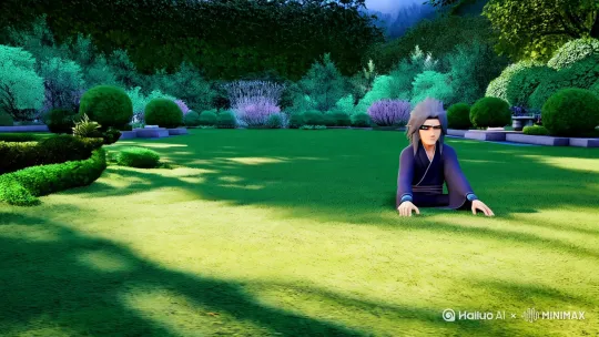 佐助在草坪上座移动视角，他开启了万花筒写轮眼 by Hailuo AI Video Generator