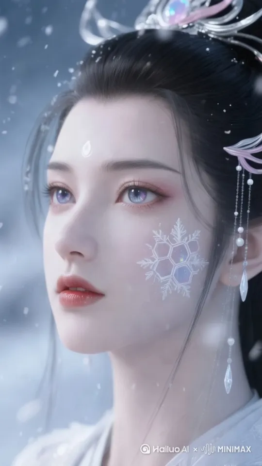 她微微仰头，眉眼带淡淡怅惘，[左移,右摇,拉远]指尖轻触飘落雪花，唇角似有似无牵起，似在等故人，又似怅叹雪落无声。 by Hailuo AI Video Generator