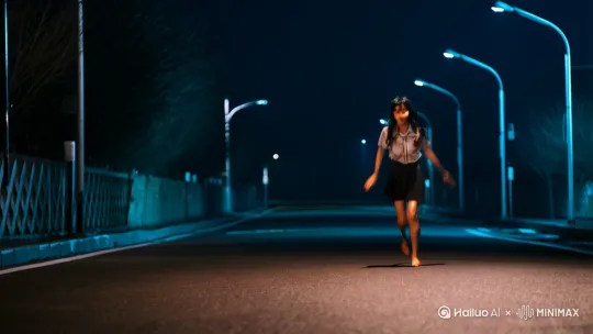 镜头对准人物正面拍摄，一个日本的高中美女，穿着JK小短裙，光着脚丫子，在夜晚空无一人的街道上跑步，身体大汗淋漓，但仍然坚持光着脚丫向前跑步 by Hailuo AI Video Generator