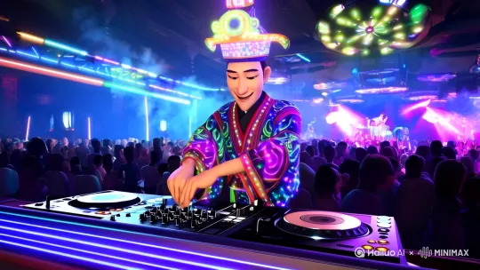 Create a 10-second animation of Taiyi Zhenren from "Ne Zha: Birth of the Demon Child" DJing in a modern nightclub. The scene should be highly stylized, with Taiyi Zhenren wearing a traditional Taoist hat with LED lights and a modernized Taoist robe with glowing patterns. He should be standing behind a DJ booth, operating the equipment with exaggerated, rhythmic movements. The lighting should be dynamic, with neon lights and LED effects enhancing the visual impact. The background music should be electronic dance music, with scratching and mixing sounds synchronized to Taiyi Zhenren's actions. The animation should be vibrant, energetic, and humorous, capturing Taiyi Zhenren's playful personality. by Hailuo AI Video Generator