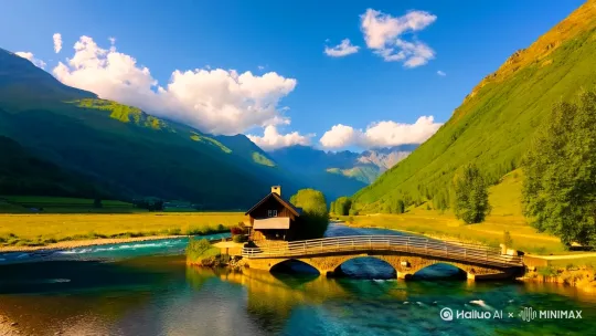 蓝天白云碧水青山，小桥流水人家[推出,上升,下摇] by Hailuo AI Video Generator