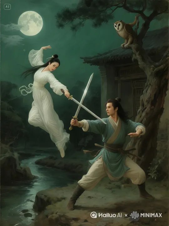 古典油画厚涂，强侧光，绿色，暗调，伦勃朗光。钟南山皎洁如玉盘的满月光辉下，只有两个人物在习武（没有人围观），其中身着宋朝近身短打侠客白衣，娇柔的小龙女挥舞着淑女剑在与身穿篮衫手持君子剑的俊朗少年杨过习练玉女心经武技，双方步伐灵动身姿矫健，只见杨过一招回头望月箭步前冲再回头挥剑上击，小龙女用一招飞天揽月腾身而起飞到半空中再回剑下击格挡，两把宝剑在空中交错轻碰铮铮有声，黄金比例的有辨识度的五官，在一个荒凉古屋，旁有小河流水、松树，树上蹲着猫头鹰和手把树枝的灵猴在观瞧，
肌理质感，情感张力，情绪氛围感拉满 by Hailuo AI Video Generator
