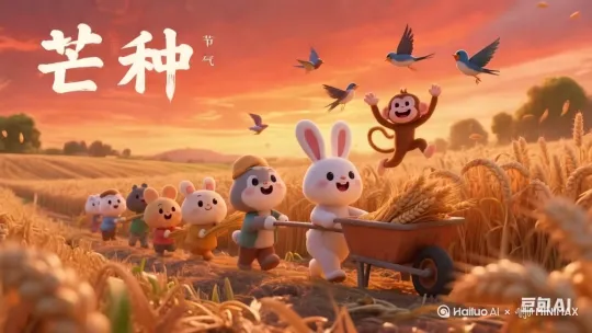让图里的小动物一蹦一跳的往前走动起来，鸟儿在飞[左移,右摇,跟随] by Hailuo AI Video Generator