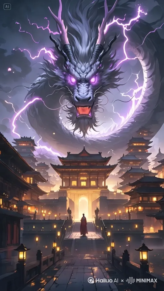 镜头缓慢升起，龙在 天空乌云中慢慢显现，之后紫色雷电交加，紫色闪电从天空劈下，劈下的地方建筑崩塌坠毁。 by Hailuo AI Video Generator