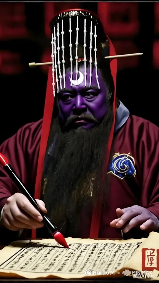 帮我把图中的人物生成一个模仿说（要你生，你就生，让你死，想活都不可能，这段台词）的口型后，张狂霸气大笑的视频，背景是阎王大殿，有许多小鬼，冷色调，展示出阴森恐怖 by Hailuo AI Video Generator