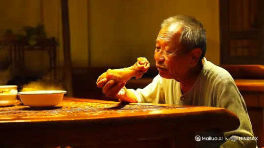 一个大叔在吃鸡腿 by Hailuo AI Video Generator