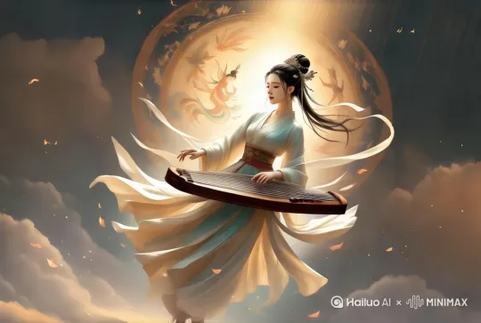 飞天在太空中弹起古琴 要求：虽然身体处于天宫号飞船的失重状态，飘带随弹琴的感情节拍起舞飞动，手指还在灵活弹动，一曲《茉莉花》悠扬婉转，自豪的笑容让听众的心胸开阔。由左向右旋转镜头，始终追逐主角的表情和动作。 by Hailuo AI Video Generator