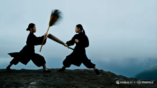 两位武林高手女性在山巅比武。一位手拿扫帚。一位手拿甘蔗[左移,上升] by Hailuo AI Video Generator