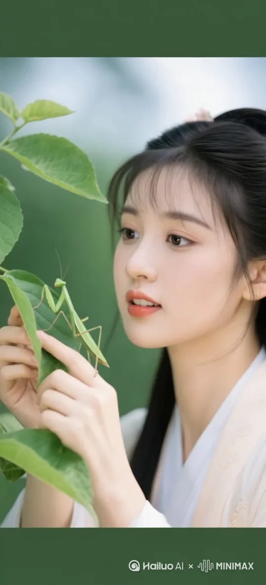 女子把螳螂一把抓住，放到嘴里吃掉，表情很享受，嘴角流下绿色的血液 by Hailuo AI Video Generator