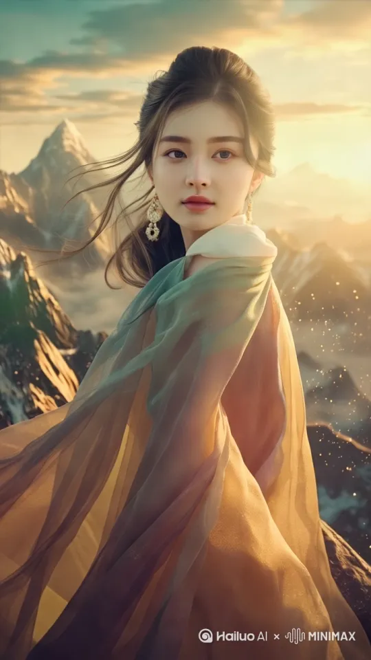 镜头拉远，上升，下摇，站在山巅的美女，长发飘飘衣袂飘飘若仙女下凡 by Hailuo AI Video Generator