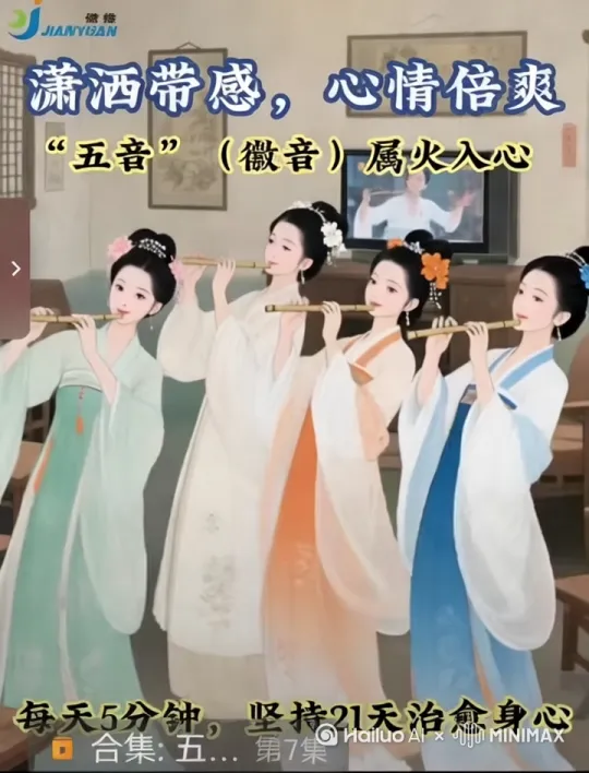 动起来:画中四个高挑古风美女在吹笛子，如醉如痴，声音锐耳嘹亮，面部表情微笑，身体随着头和胳膊晃动。背景不动，字迹保留。逼真。
中国卡通明亮的色彩皮卡斯风格，64K超高清画质。动漫效果。时长不少于30秒。 by Hailuo AI Video Generator