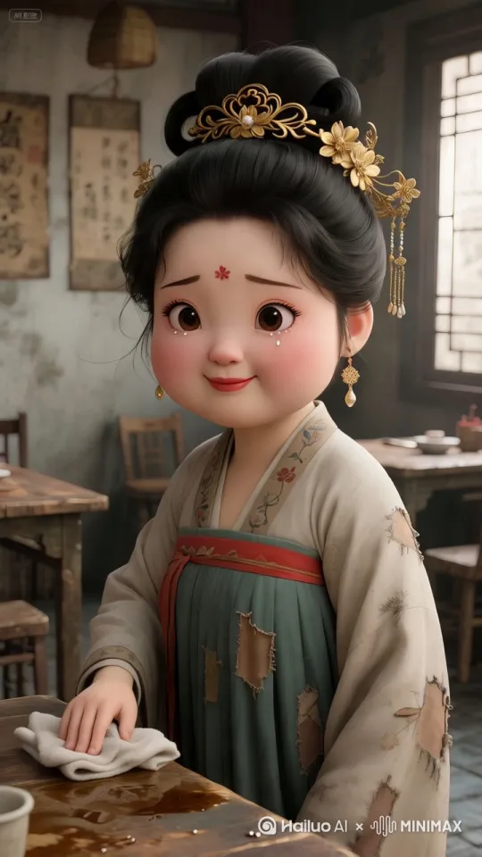 镜头环绕，她慢慢的在擦桌面的污渍，眼角泛着泪花 by Hailuo AI Video Generator